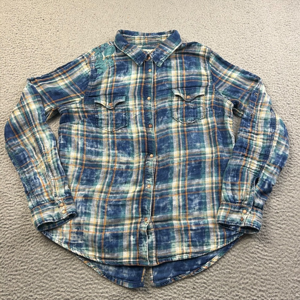 Ryan Michael Women's Acid Wash Plaid Western Snap Shirt Embroidered Size XL